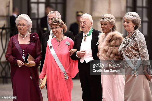 Princess Christina, Mrs. Magnuson, guest, guest, Princess Birgitta of Sweden and Princess Margaretha Mrs. Ambler attend the royal wedding of Prince...