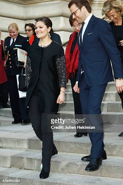 Crown Princess Victoria of Sweden and Prince Daniel of Sweden leave Le Petit Palais after visiting the Carl Larsson exhibition on March 6, 2014 in...