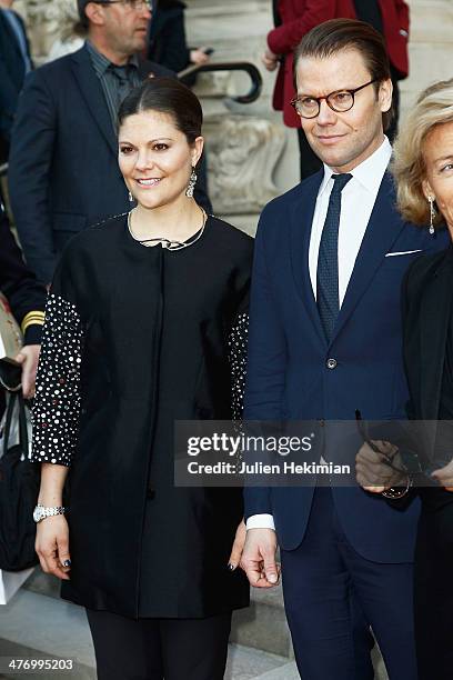 Crown Princess Victoria of Sweden and Prince Daniel of Sweden leave Le Petit Palais after visiting the Carl Larsson exhibition on March 6, 2014 in...