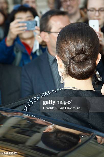 Crown Princess Victoria of Sweden leaves Le Petit Palais after visiting the Carl Larsson exhibition on March 6, 2014 in Paris, France.