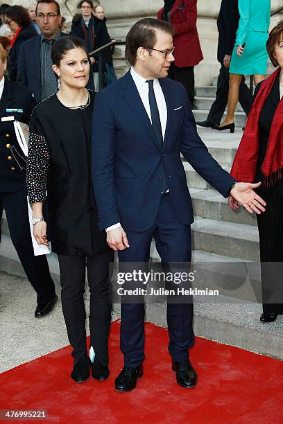 Crown Princess Victoria of Sweden and Prince Daniel of Sweden leave Le Petit Palais after visiting the Carl Larsson exhibition on March 6, 2014 in...