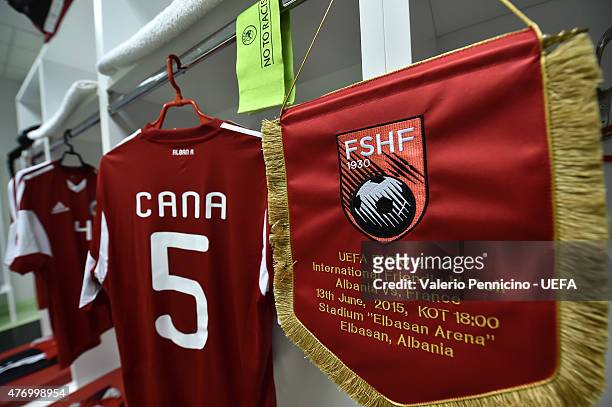Albania changing room is ready for the players prior to the international friendly match between Albania and France at Elbasan Arena on June 13, 2015...