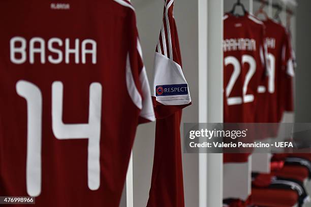 Albania changing room is ready for the players prior to the international friendly match between Albania and France at Elbasan Arena on June 13, 2015...