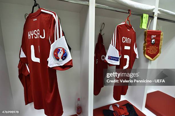 Albania changing room is ready for the players prior to the international friendly match between Albania and France at Elbasan Arena on June 13, 2015...