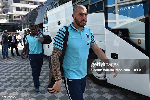 Players of France arrive prior to the international friendly match between Albania and France at Elbasan Arena on June 13, 2015 in Elbasan, Albania.