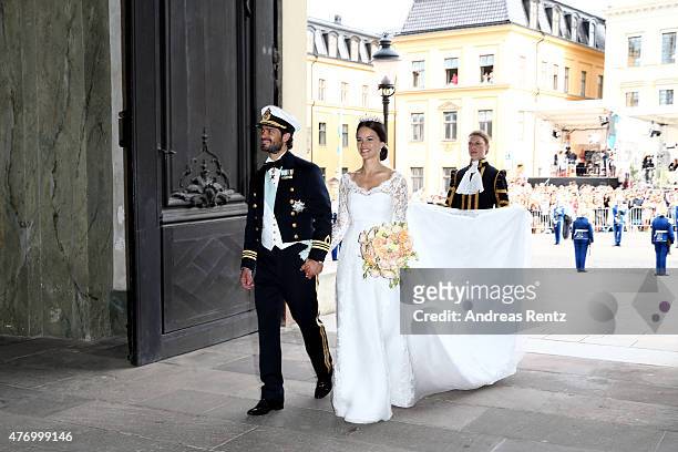 Prince Carl Philip of Sweden is seen with his new wife Princess Sofia of Sweden after their marriage ceremony on June 13, 2015 in Stockholm, Sweden.