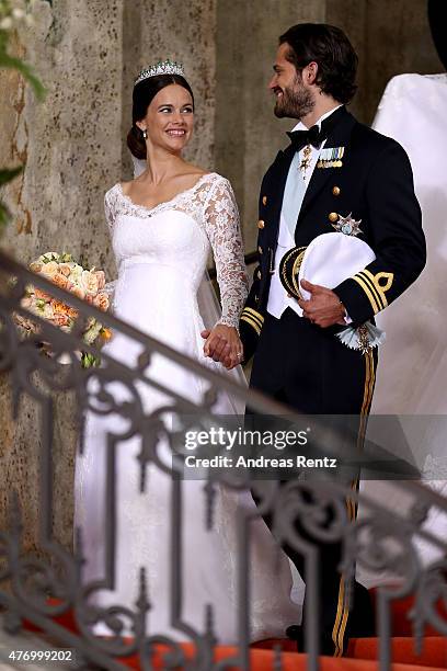 Prince Carl Philip of Sweden is seen with his new wife Princess Sofia of Sweden after their marriage ceremony on June 13, 2015 in Stockholm, Sweden.