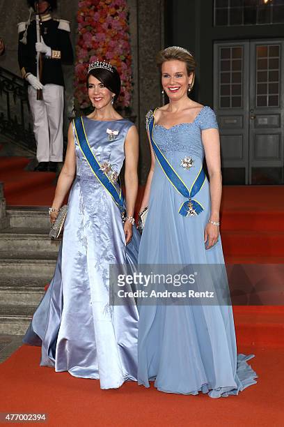 Crown Princess Mary Of Denmark and Queen Mathilde of Belgium depart after the royal wedding of Prince Carl Philip of Sweden and Sofia Hellqvist on...