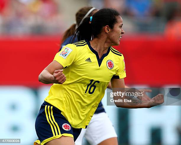 Lady Andrade of Colombia celebrates her goal in the first half against the France during the FIFA Women's World Cup 2015 Group F match at Moncton...