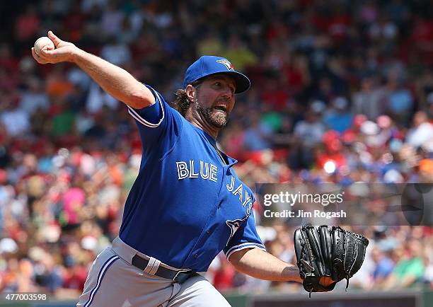 Dickey of the Toronto Blue Jays throws against the Boston Red Sox throws in the first inning at Fenway Park on June 13, 2015 in Boston, Massachusetts.