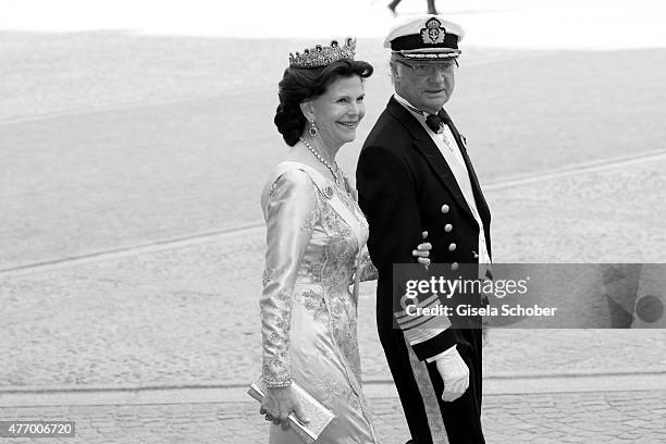 King Carl XVI Gustaf of Sweden and his wife Queen Silvia of Sweden attend the royal wedding of Prince Carl Philip of Sweden and Sofia Hellqvist at...