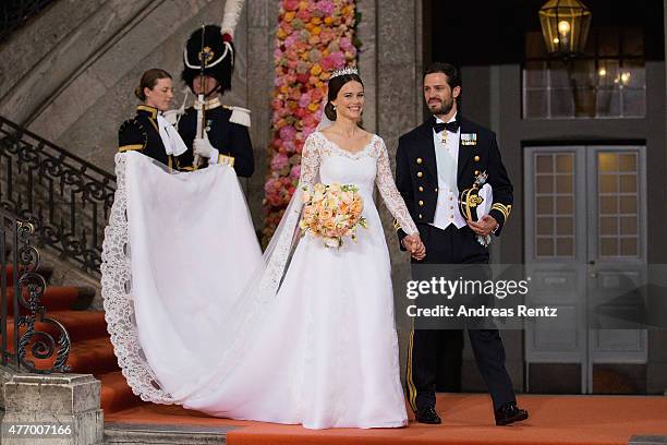 Prince Carl Philip of Sweden is seen with his new wife Princess Sofia of Sweden after their marriage ceremony at The Royal Palace on June 13, 2015 in...