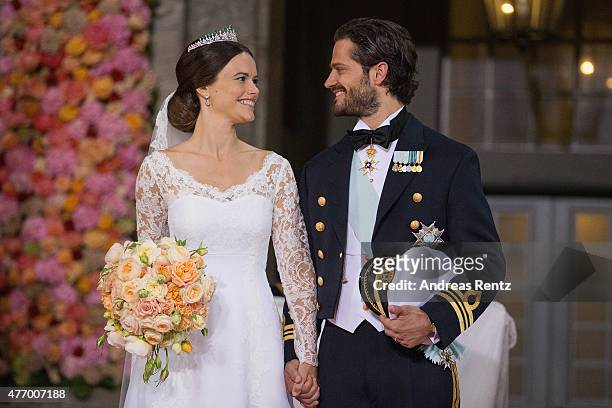 Prince Carl Philip of Sweden is seen with his new wife Princess Sofia of Sweden after their marriage ceremony at The Royal Palace on June 13, 2015 in...