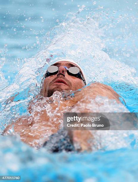 Camille Lacourt of France competes in the men 100 m Backstroke Final B during the International Settecolli Trophy at Piscine del Foro Italico on June...