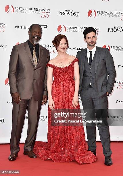 Jean-Michel Martial, Odile Vuillemin and Raphael Ferret arrive to attend the opening ceremony of the 55th Monte Carlo TV Festival on June 13, 2015 in...