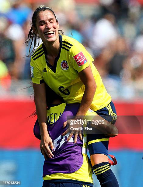 Daniela Montoya of Colombia celebrates the win over France during the FIFA Women's World Cup 2015 Group F match at Moncton Stadium on June 13, 2015...
