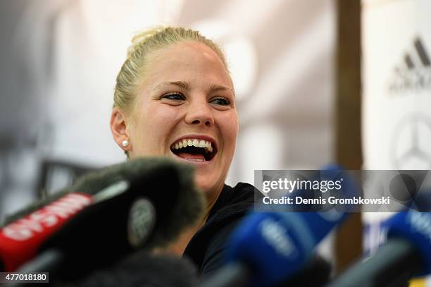 Leonie Maier of Germany reacts during a press conference at the RBC Convention Centre on June 13, 2015 in Winnipeg, Canada.