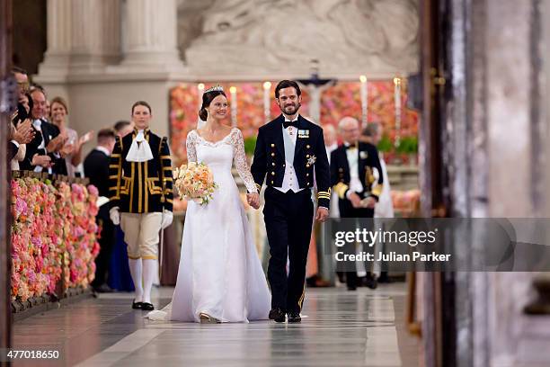 Prince Carl Philip of Sweden, and Princess Sofia of Sweden,leave their wedding ceremony at the Royal Chapel at the Royal Palace on June 13, 2015 in...