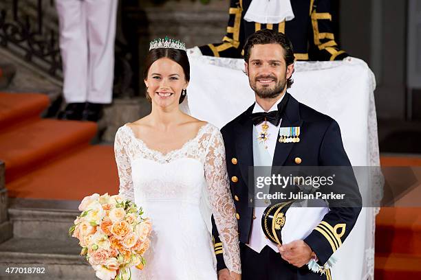 Prince Carl Philip of Sweden, and Princess Sofia of Sweden,leave their wedding ceremony at the Royal Chapel at the Royal Palace on June 13, 2015 in...