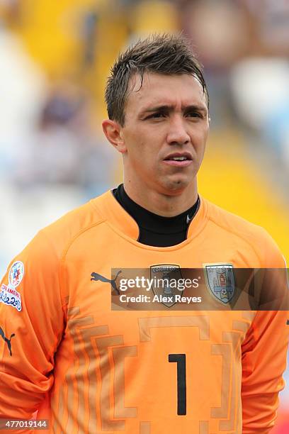 Fernando Muslera of Uruguay looks on during the national anthem ceremony prior the 2015 Copa America Chile Group B match between Uruguay and Jamaica...