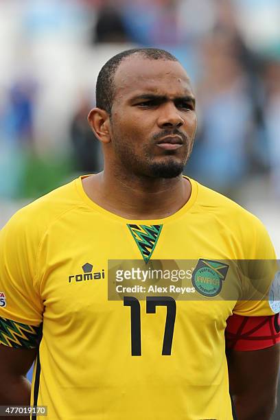 Rodolph Austin of Jamaica looks on during the national anthem ceremony prior the 2015 Copa America Chile Group B match between Uruguay and Jamaica at...