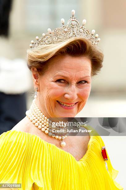 Queen Sonja of Norway, arrives at The Royal Chapel, at The Royal Palace in Stockholm for The Wedding of Prince Carl Philip of Sweden and Sofia...