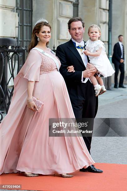 Princess Madeleine of Sweden, with husband, Christopher O'Neill, and their daughter Princess Leonore of Sweden , arrive at The Royal Chapel, at The...