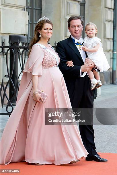 Princess Madeleine of Sweden, with husband, Christopher O'Neill, and their daughter Princess Leonore of Sweden , arrive at The Royal Chapel, at The...