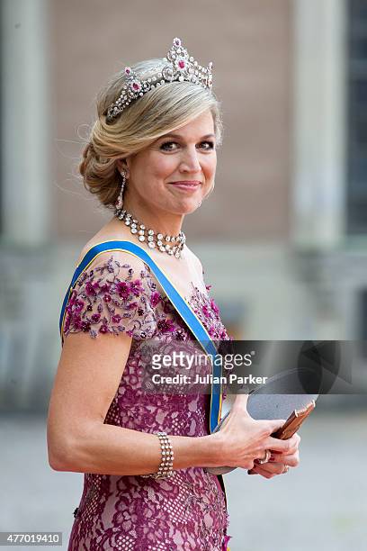 Queen Maxima of the Netherlands, arrives at The Royal Chapel, at The Royal Palace in Stockholm for The Wedding of Prince Carl Philip of Sweden and...