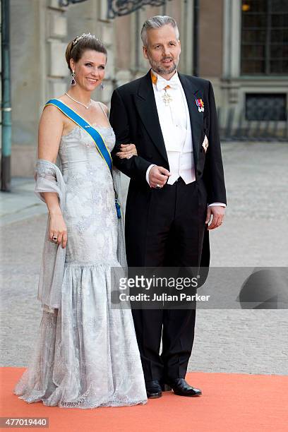 Princess Martha Louise of Norway, and husband Ari Behn, arrive at The Royal Chapel, at The Royal Palace in Stockholm for The Wedding of Prince Carl...