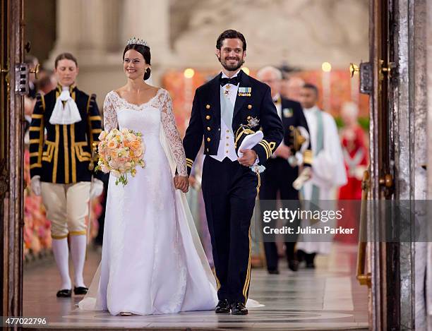 Prince Carl Philip of Sweden, and Princess Sofia of Sweden,leave their wedding ceremony at the Royal Chapel at the Royal Palace on June 13, 2015 in...