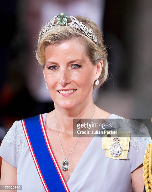 Sophie, Countess of Wessex,, leaves The Royal Chapel, at The Royal Palace in Stockholm after The Wedding of Prince Carl Philip of Sweden and Sofia...