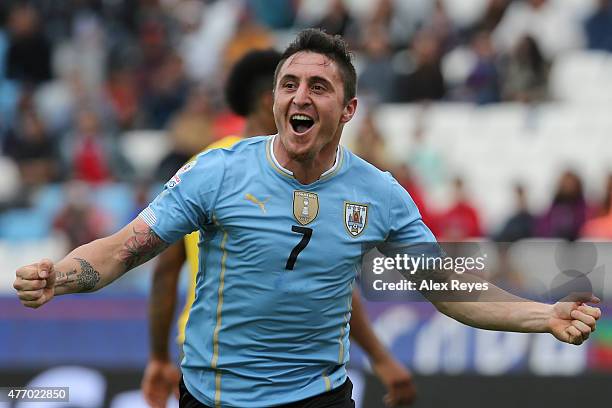 Cristian Rodriguez of Uruguay celebrates after scoring the opening goal during the 2015 Copa America Chile Group B match between Uruguay and Jamaica...