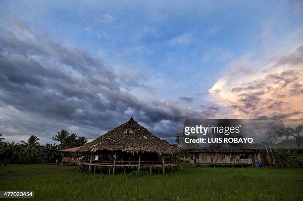 View of huts of the Wounaan Nonam indigenous ethnic group during the 10th Meeting of the Ancestral Knowledge of the Wounaan Nonam People on the banks...