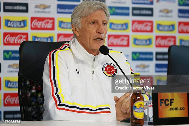 Jose Pekerman coach of Colombia attends a press conference at San Carlos de Apoquindo training camp on June 13, 2015 in Santiago, Chile. Colombia...