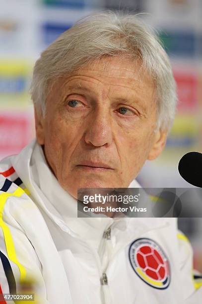 Jose Pekerman coach of Colombia attends a press conference at San Carlos de Apoquindo training camp on June 13, 2015 in Santiago, Chile. Colombia...