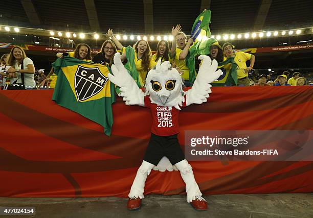 Shueme, official mascot of the FIFA Womens Wolrd Cup 2015 meets some Brazil supporters prior to the FIFA Women's World Cup 2015 group E match between...