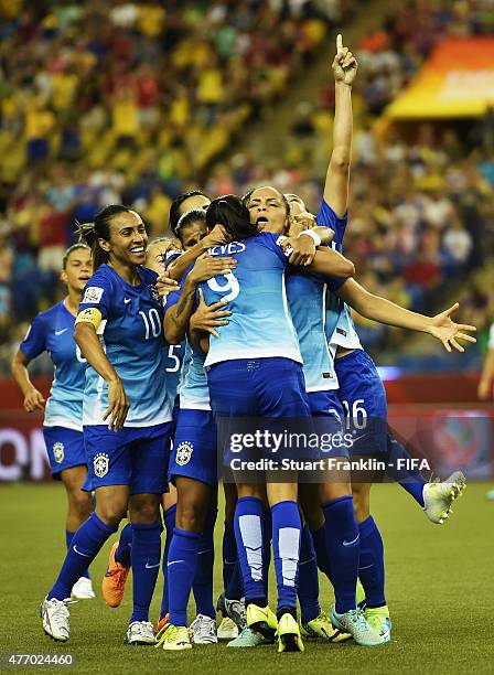 Andressa Alves of Brazil celebates scoring her gaol during the FIFA Women's World Cup 2015 group E match between Brazil and Spain at Olympic Stadium...