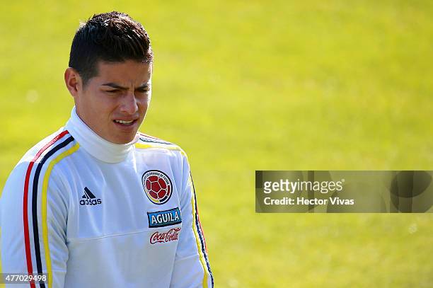 James Rodriguez of Colombia during a training session at San Carlos de Apoquindo training camp on June 13, 2015 in Santiago, Chile. Colombia will...
