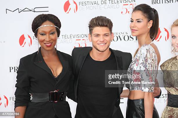 Nadege Beausson-Diagne, Rayane Bensetti and Catalina Denis attend the 55th Monte Carlo TV Festival Opening Ceremony at the Grimaldi Forum on June 13,...