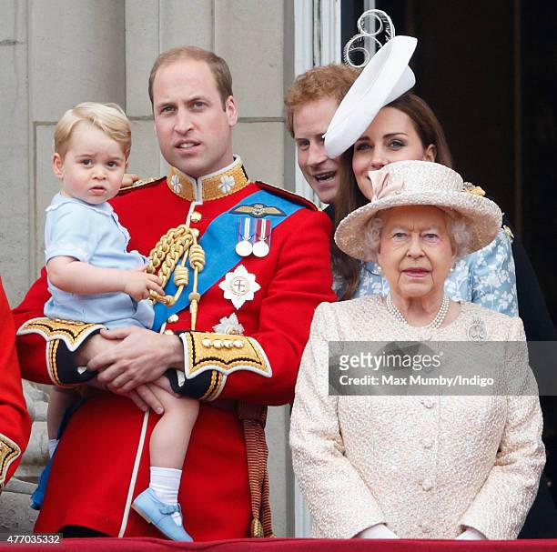 Prince William, Duke of Cambridge, Prince George of Cambridge, Prince Harry, Catherine, Duchess of Cambridge and Queen Elizabeth II stand on the...