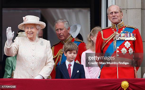 Queen Elizabeth II, James, Viscount Severn and Prince Philip, Duke of Edinburgh stand on the balcony of Buckingham Palace during Trooping the Colour...