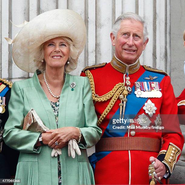 Camilla, Duchess of Cornwall and Prince Charles, Prince of Wales stand on the balcony of Buckingham Palace during Trooping the Colour on June 13,...