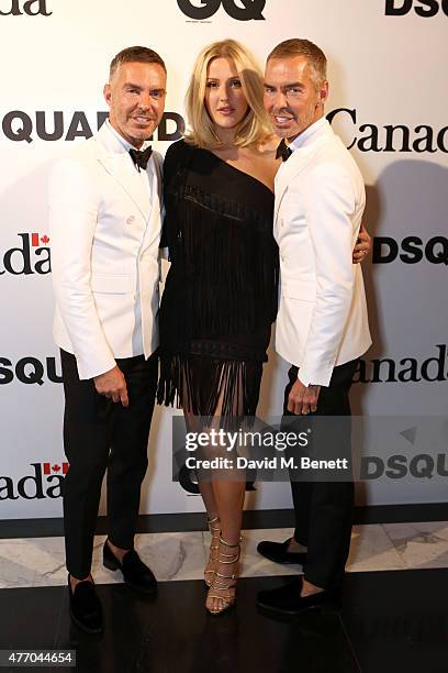 Dan Caten, Ellie Goulding and Dean Caten attend Dsquared2's 20th anniversary celebration at Canada House, co-hosted by GQ at Canadian Embassy on June...