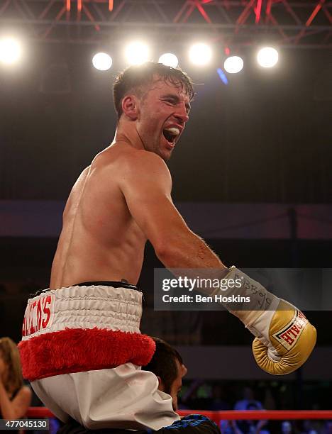 Lee Haskins of Great Britain celebrates after defeating Ryosuke Iwasa of Japan in their Interim IBF World Bantamweight Title Fight at Action Indoor...