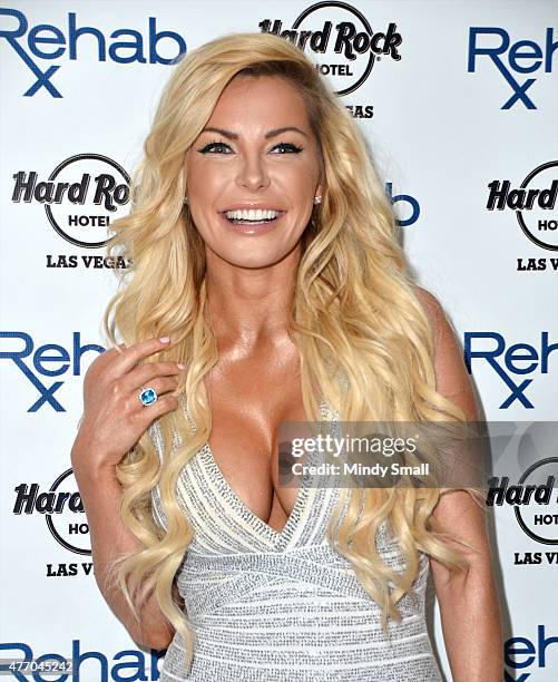 Crystal Hefner, ring detail, arrives at Rehab at the Hard Rock Hotel & Casino on June 13, 2015 in Las Vegas, Nevada.