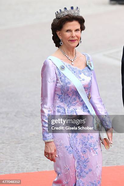 Queen Silvia of Sweden attends the royal wedding of Prince Carl Philip of Sweden and Sofia Hellqvist at The Royal Palace on June 13, 2015 in...