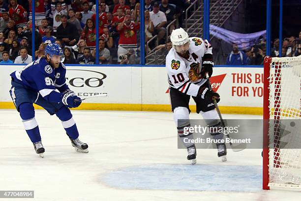 Patrick Sharp of the Chicago Blackhawks scores an empty net goal in the first period past Steven Stamkos of the Tampa Bay Lightning during Game Five...