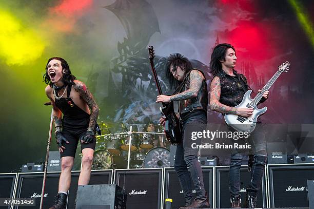 Andy Biersack, Jake Pitts and Jeremy Miles "Jinxx" Ferguson of Black Veil Brides perform live on Day 2 of the Download Festival at Donington Park on...