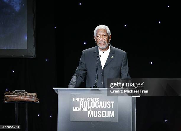 Morgan Freeman speaks onstage at the United States Holocaust Memorial Museum presents "2014 Los Angeles Dinner: What You Do Matters" held at The...